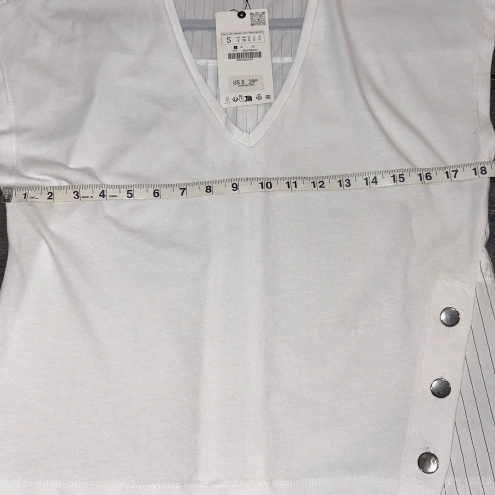 Zara NEW Cotton Poplin Stripe Side Button Vneck Tee Size Small Black/White - Picture 11 of 12
